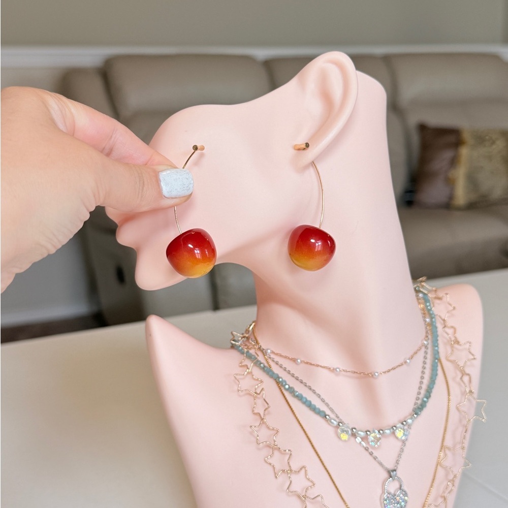 Red-Orange Gradient Cherry Drop Earrings - Picture 7 of 10